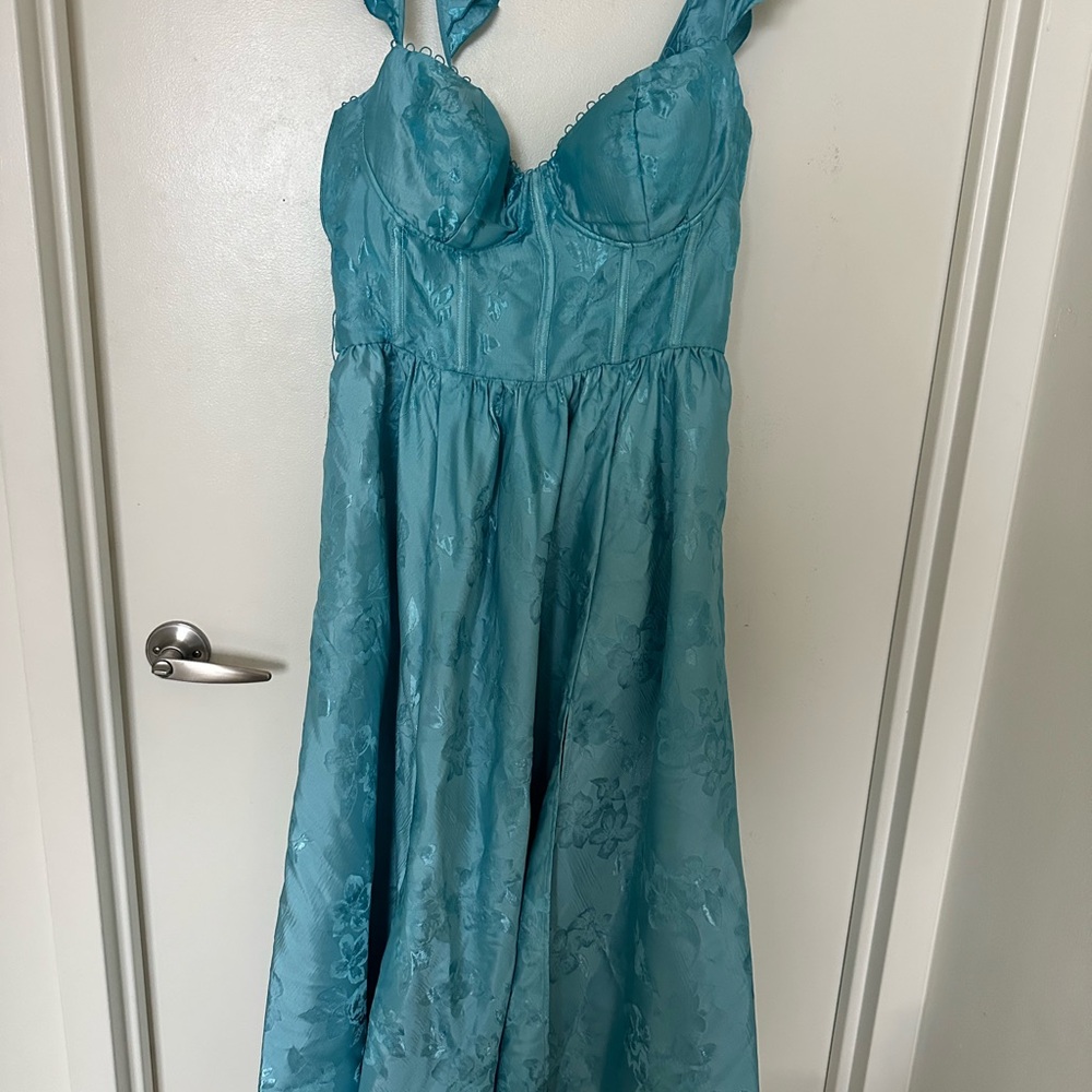 V. Chapman Vera Ruffle-Strap Corset Side-Slit Midi Dress